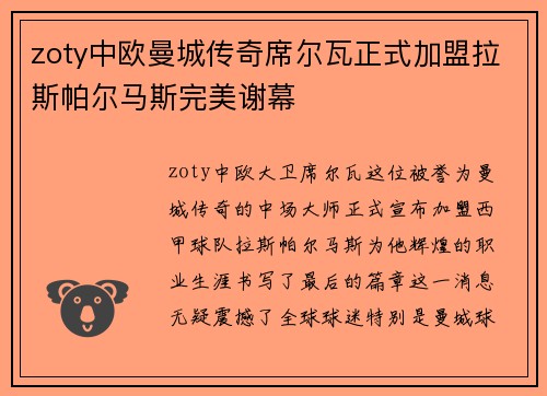 zoty中欧曼城传奇席尔瓦正式加盟拉斯帕尔马斯完美谢幕